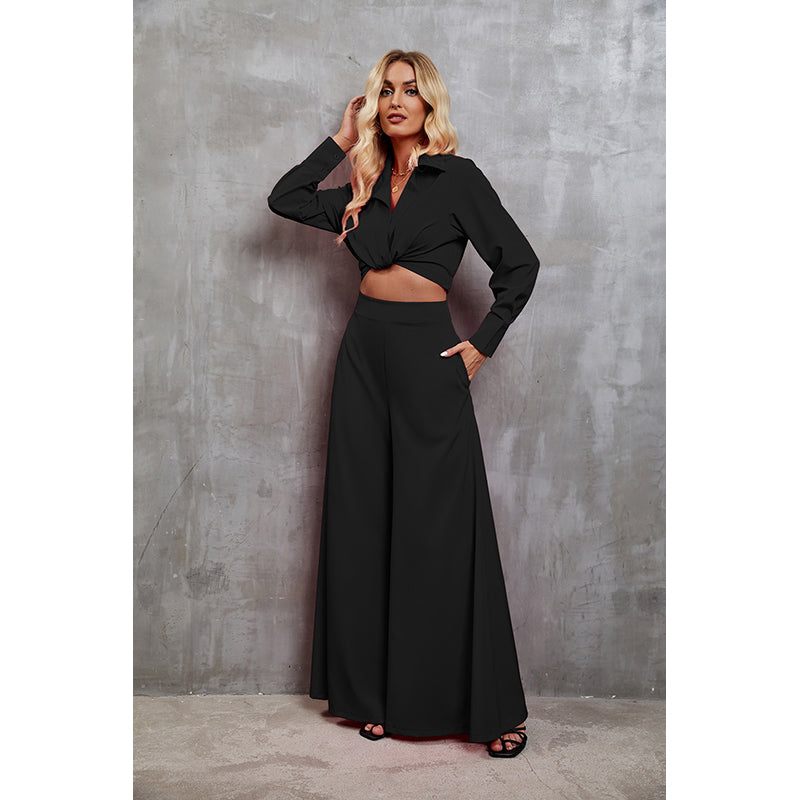 Black Cuffed Sleeves Crop Top With Palazzo