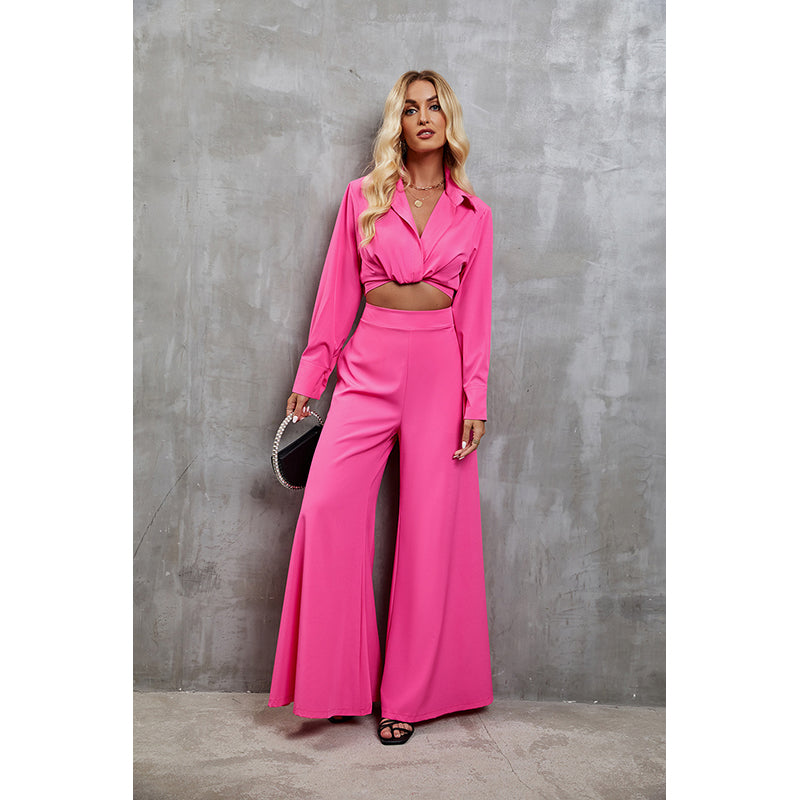 Fuchsia Pink Shirt Collar Crop Top and Palazzos Set