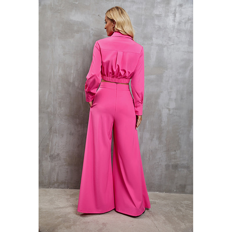 Fuchsia Pink Shirt Collar Crop Top and Palazzos Set