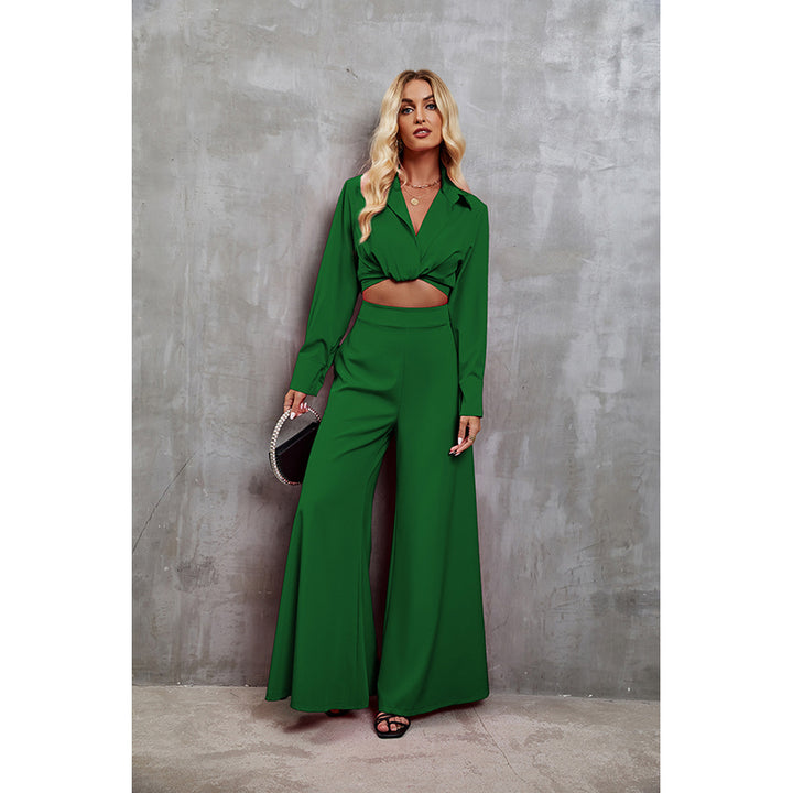 Green Cuffed Sleeves Crop Top With Palazzo