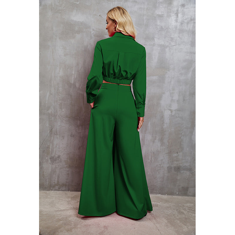 Green Cuffed Sleeves Crop Top With Palazzo