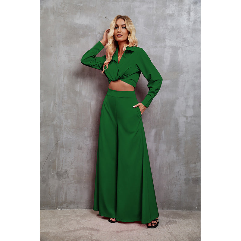 Green Cuffed Sleeves Crop Top With Palazzo