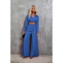 Blue Cuffed Sleeves Crop Top With Palazzo