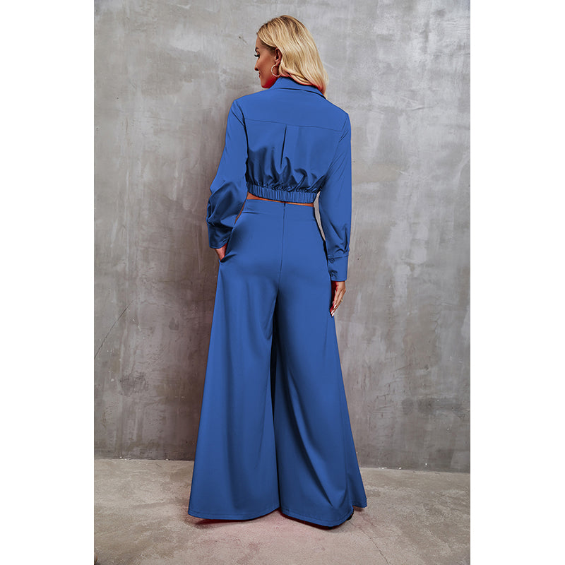 Blue Cuffed Sleeves Crop Top With Palazzo