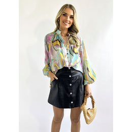 Green Abstract Printed Band Collar Puff Sleeves Regular Top