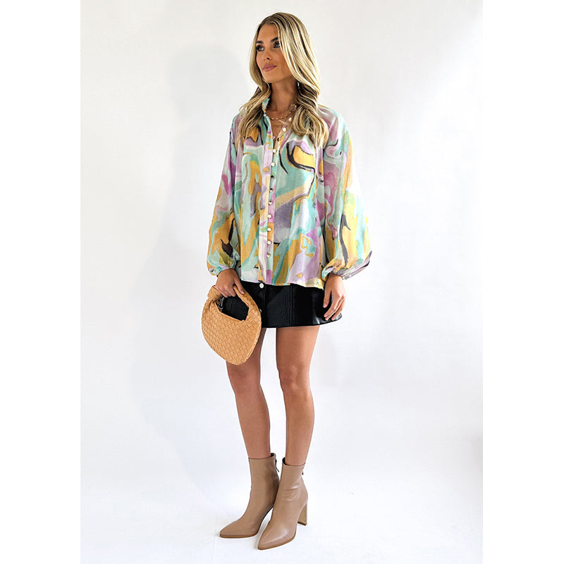 Green Abstract Printed Band Collar Puff Sleeves Regular Top