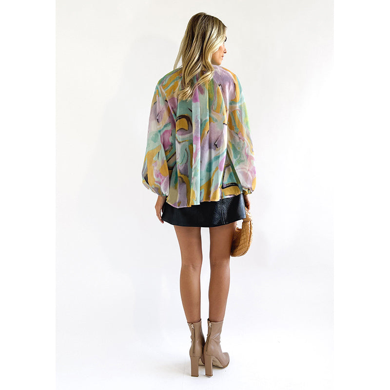 Green Abstract Printed Band Collar Puff Sleeves Regular Top