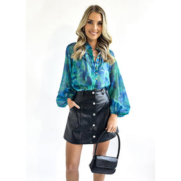 Blue Abstract Printed Band Collar Puff Sleeves Regular Top