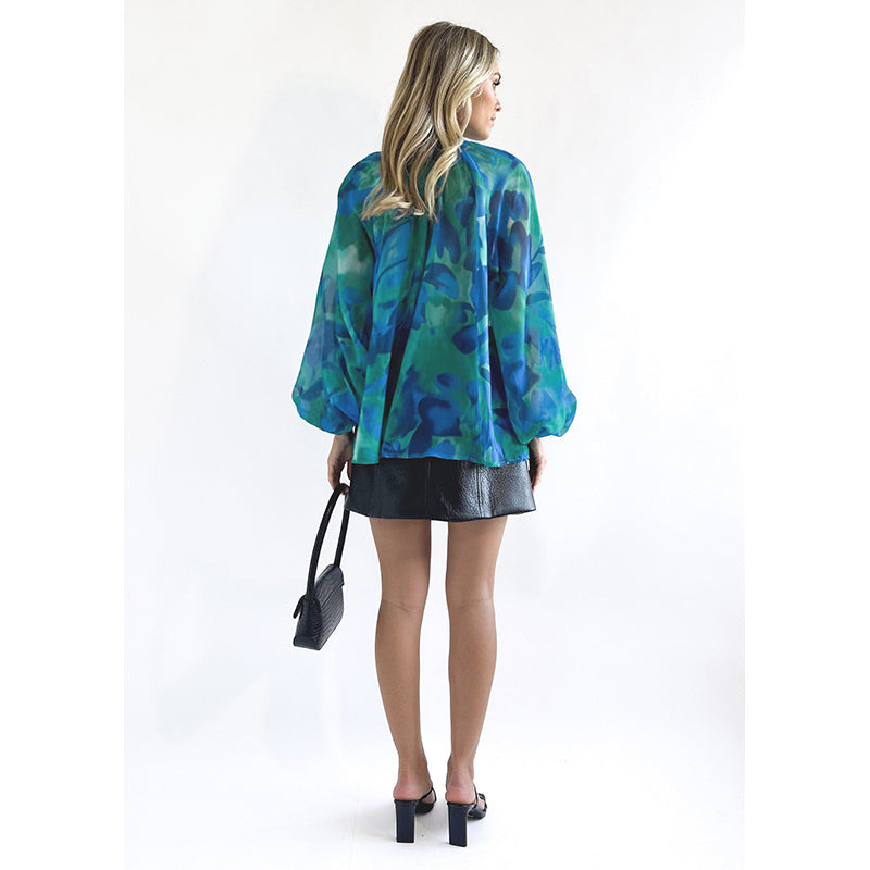 Blue Abstract Printed Band Collar Puff Sleeves Regular Top