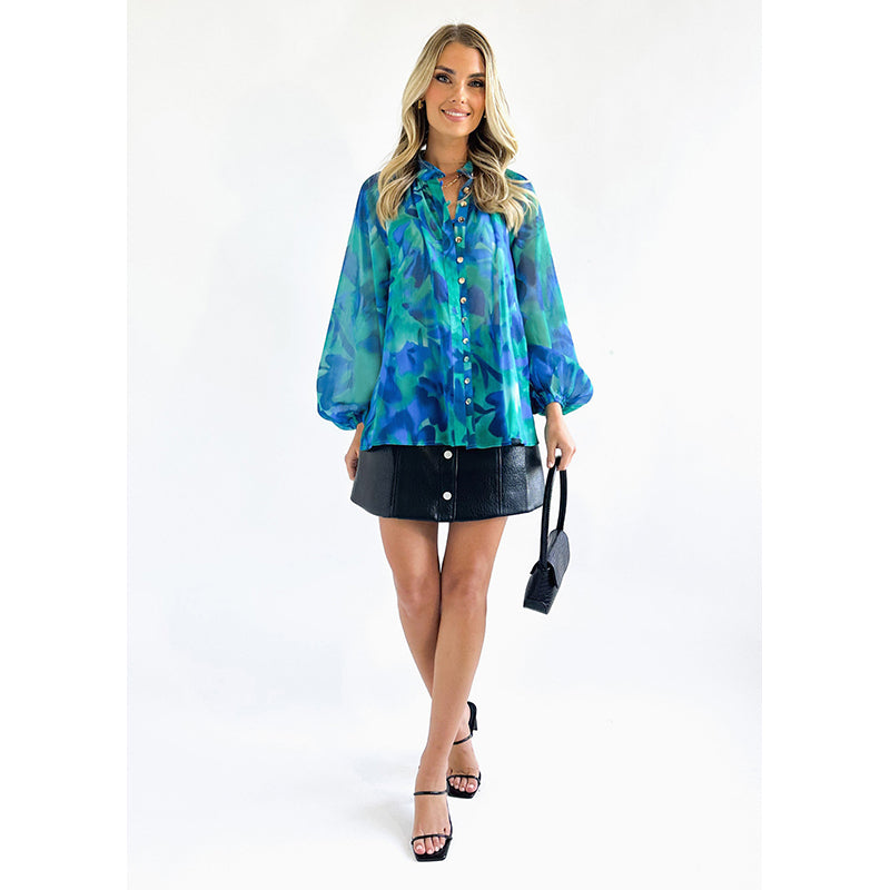 Blue Abstract Printed Band Collar Puff Sleeves Regular Top