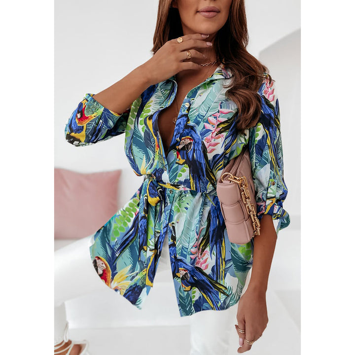 Blue Tropical Printed Shirt Collar Roll-Up Sleeves Longline Shirt Style Top