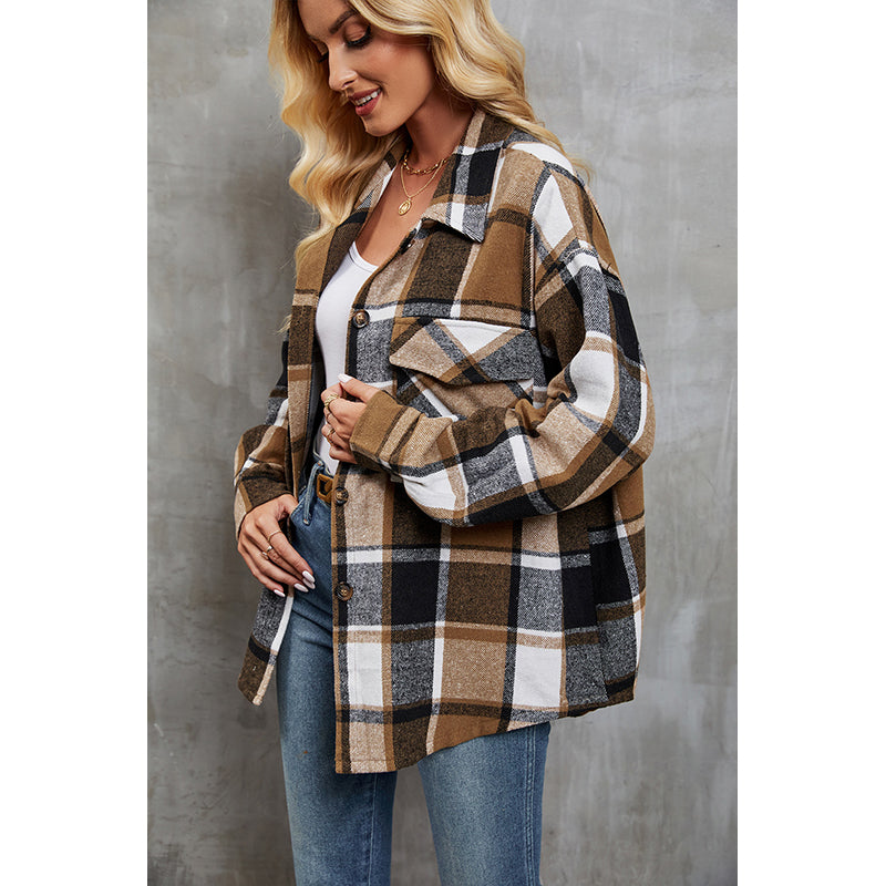 Brown Checked Spread Collar Long Sleeves Regular Jacket