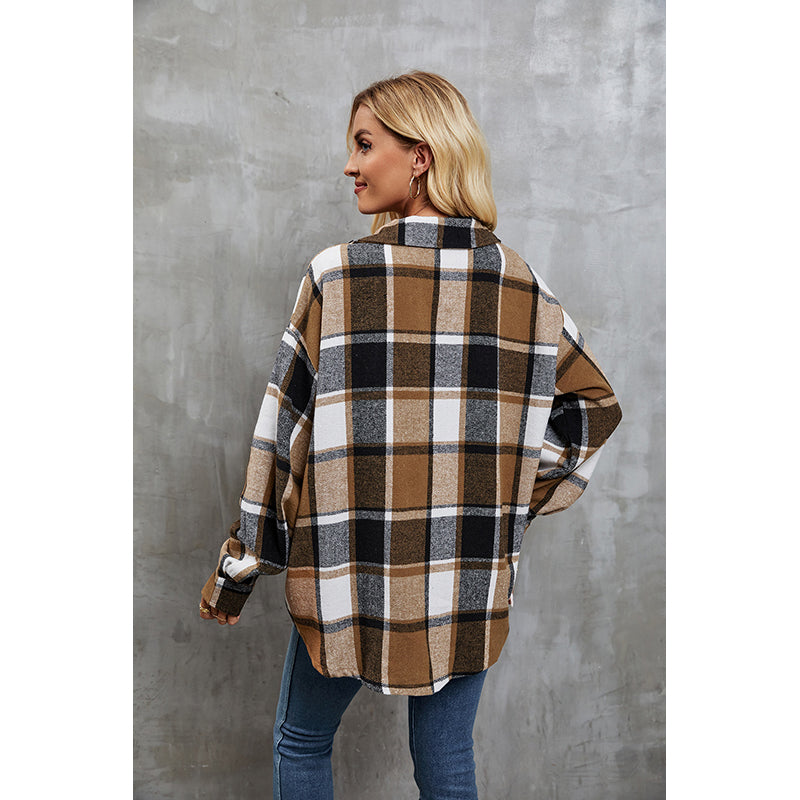 Brown Checked Spread Collar Long Sleeves Regular Jacket