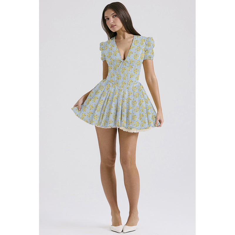 Floral Print Puff Sleeves Fit & Flare Mini Dress