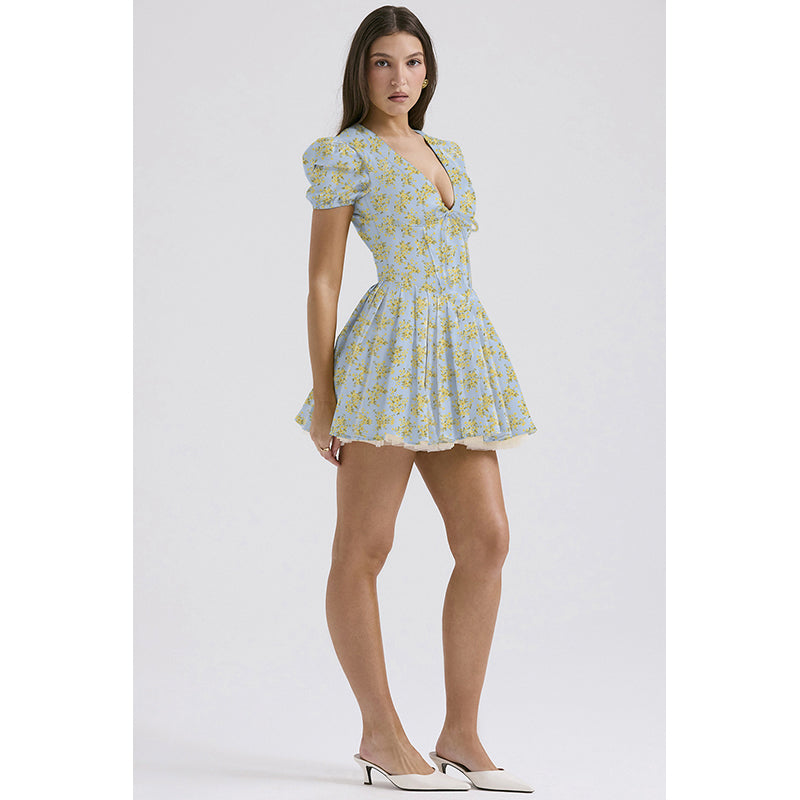 Floral Print Puff Sleeves Fit & Flare Mini Dress