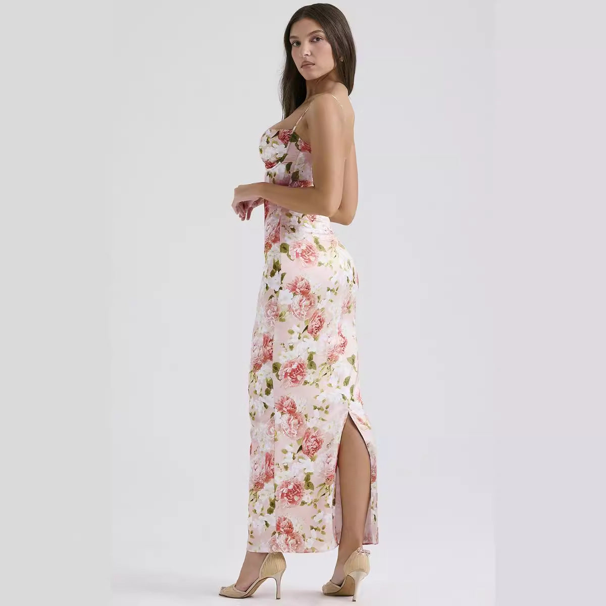 Floral Printed Chiffon Bodycon Maxi Dress