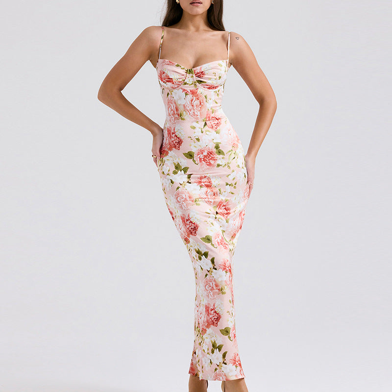 Floral Printed Chiffon Bodycon Maxi Dress