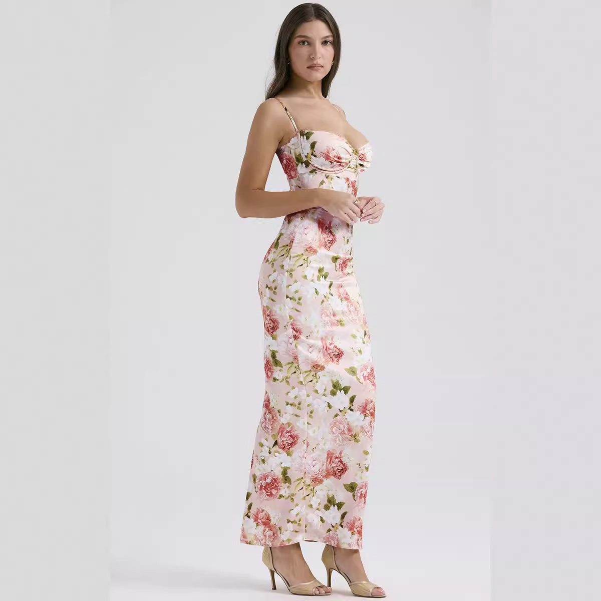 Floral Printed Chiffon Bodycon Maxi Dress