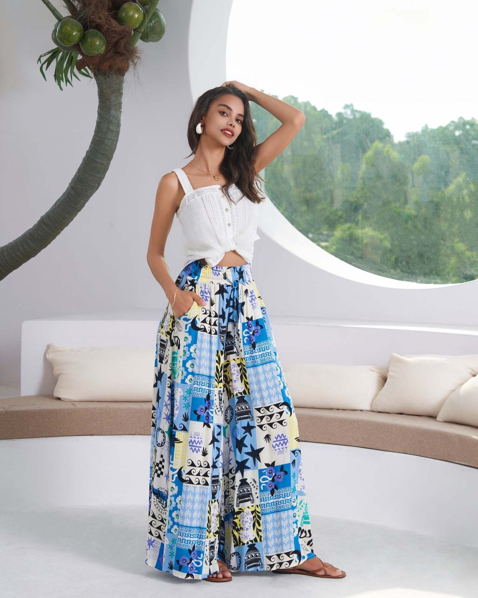 Women Abstract Printed Loose Fit Wide Leg Trousers
