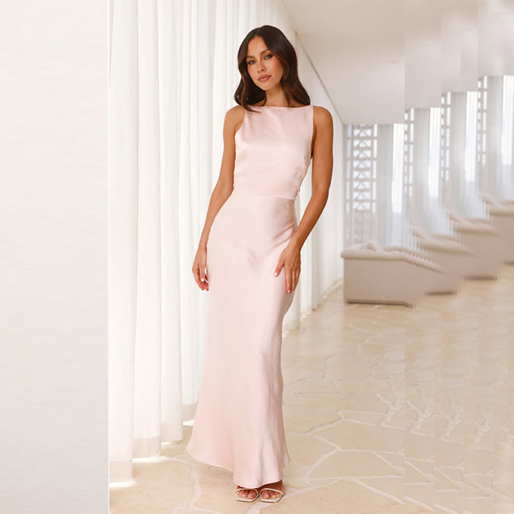 Solid Boat Neck Chiffon Maxi Dress