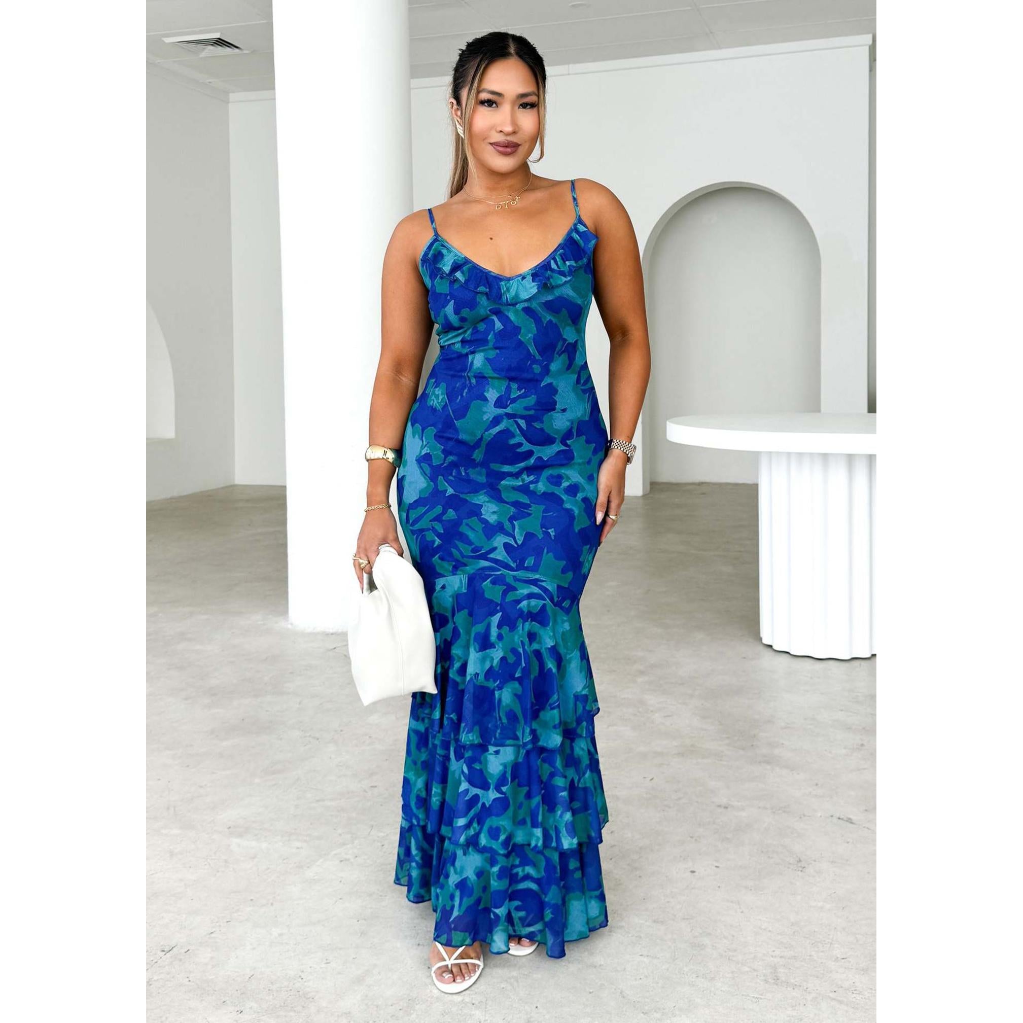 Blue Tropical Abstract Print Sleeveless Maxi Dress