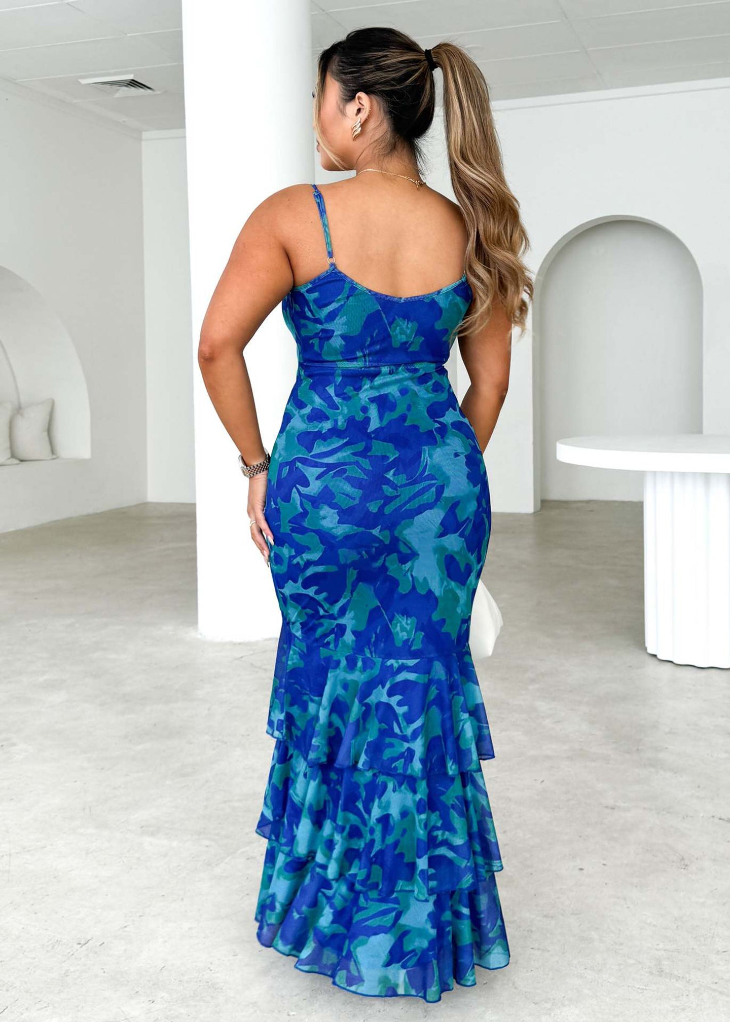 Blue Tropical Abstract Print Sleeveless Maxi Dress