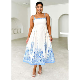 Blue Floral Midi A-Line Dress