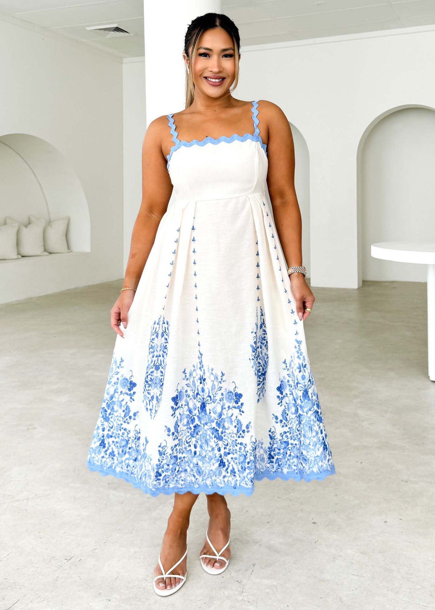 Blue Floral Midi A-Line Dress
