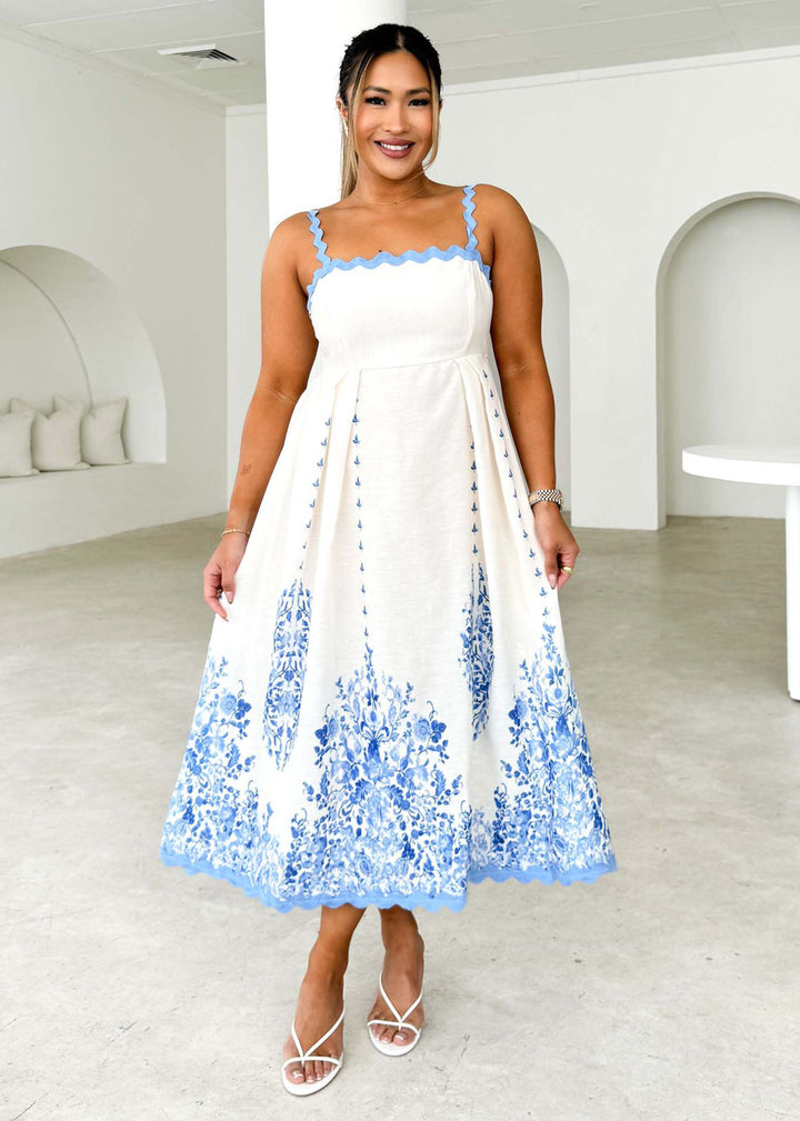 Blue Floral Midi A-Line Dress