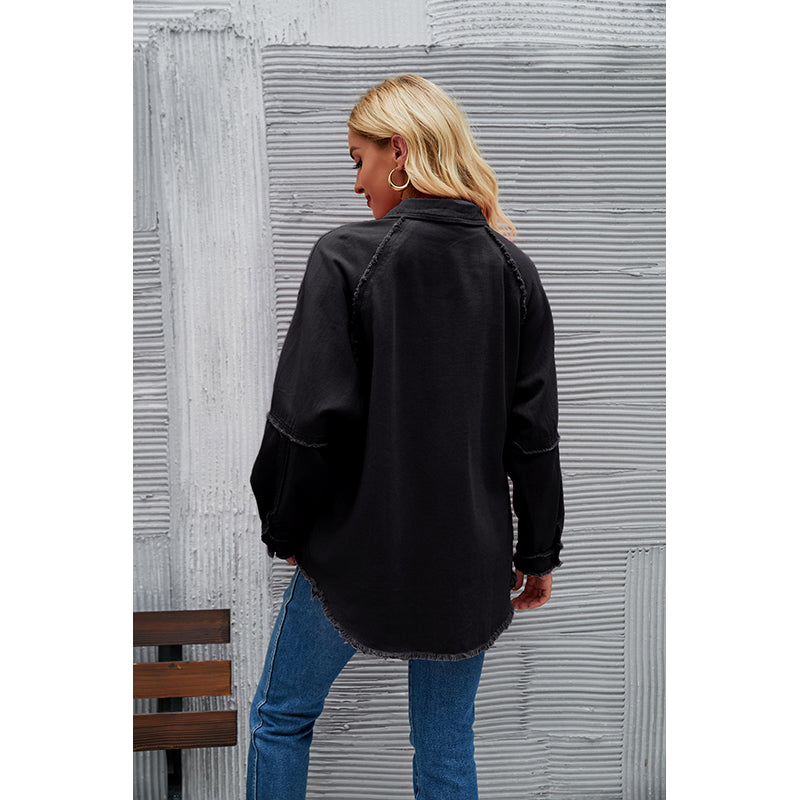 Black Raglan Sleeves Longline Casual Shacket