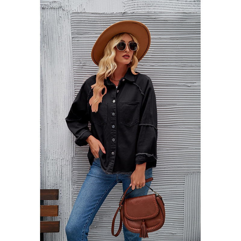 Black Raglan Sleeves Longline Casual Shacket