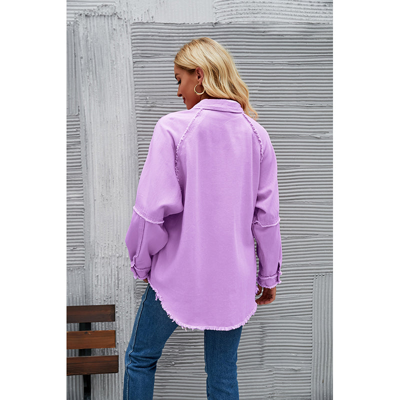 Purple Raglan Sleeves Longline Casual Shacket