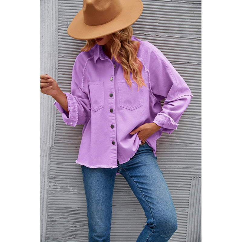 Purple Raglan Sleeves Longline Casual Shacket