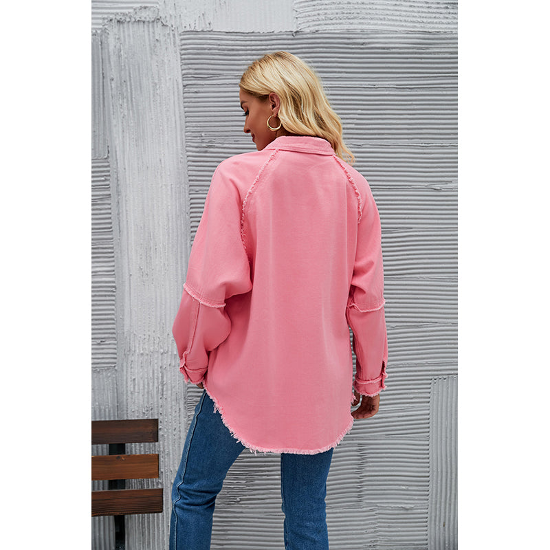 Pink Raglan Sleeves Longline Casual Shacket