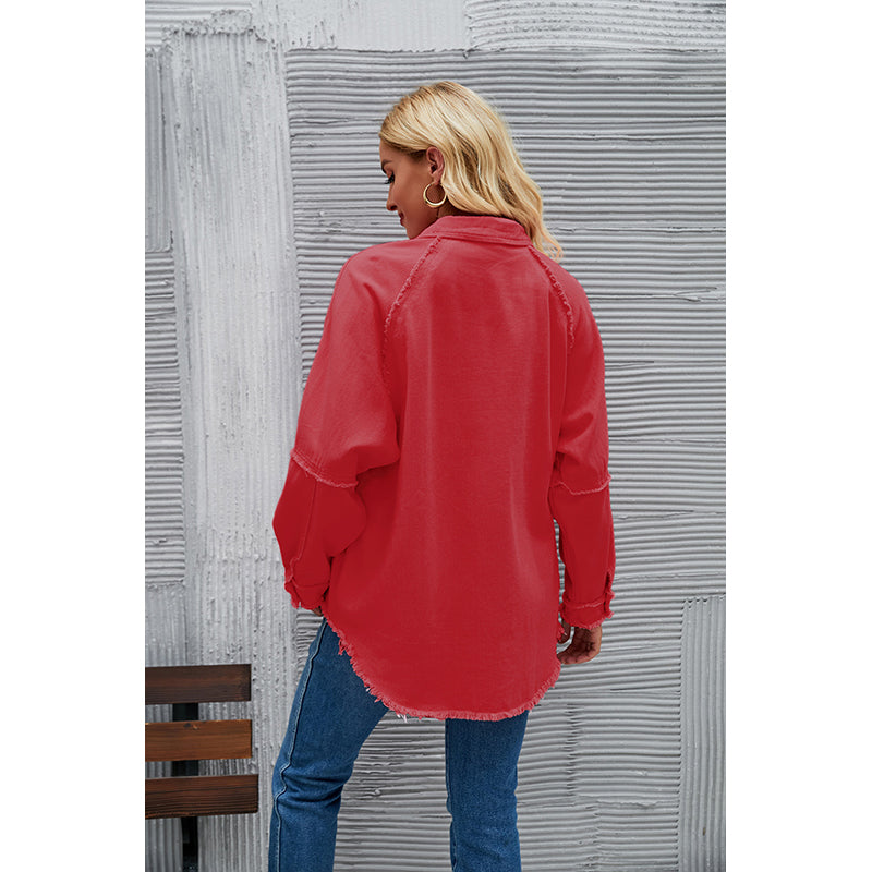 Red Raglan Sleeves Longline Casual Shacket