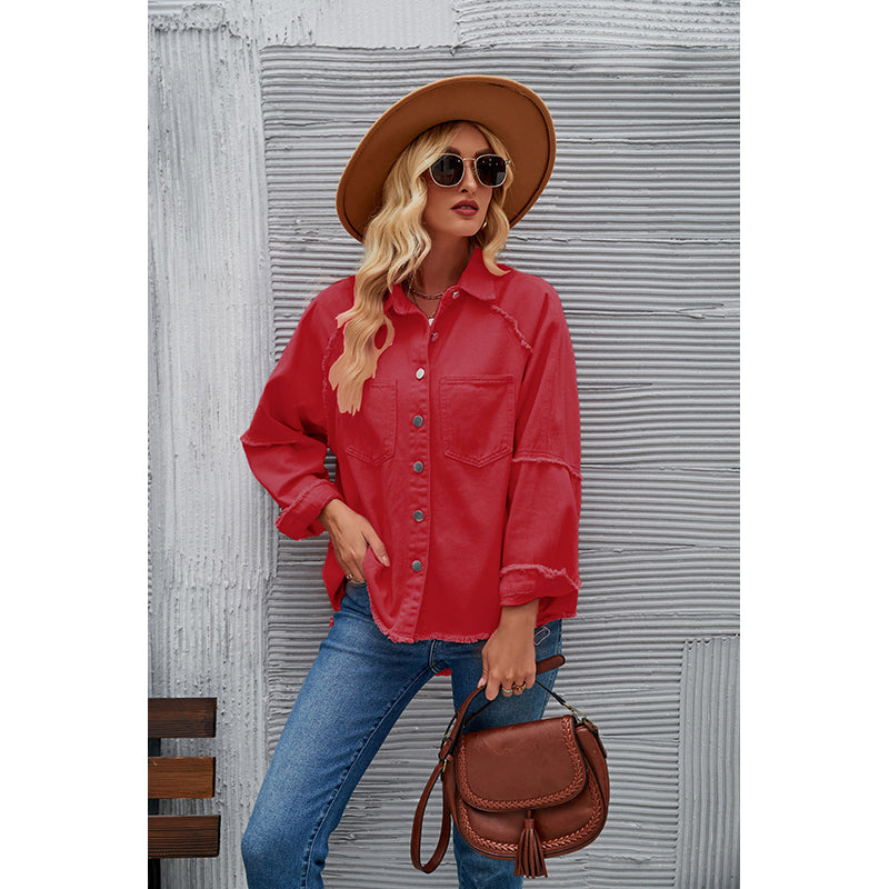 Red Raglan Sleeves Longline Casual Shacket
