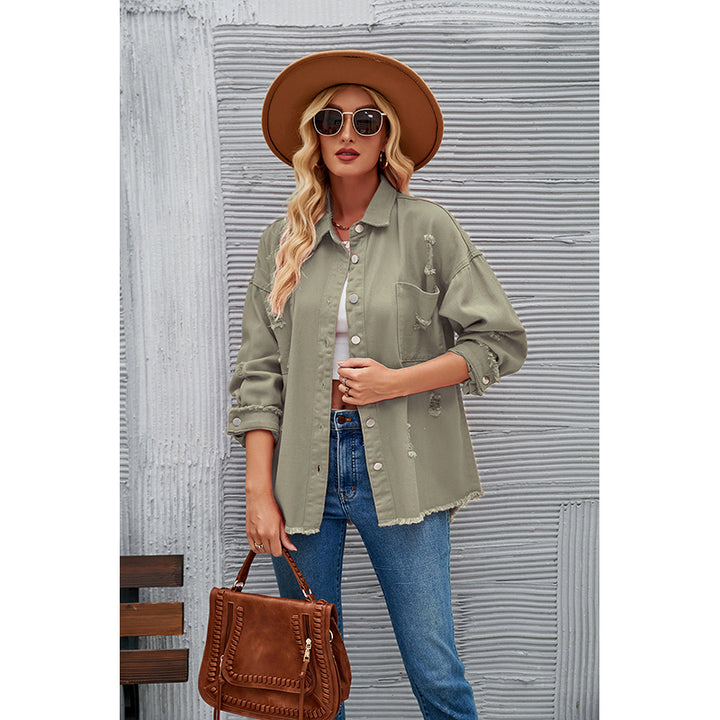 Green Spread Collar Denim Jacket