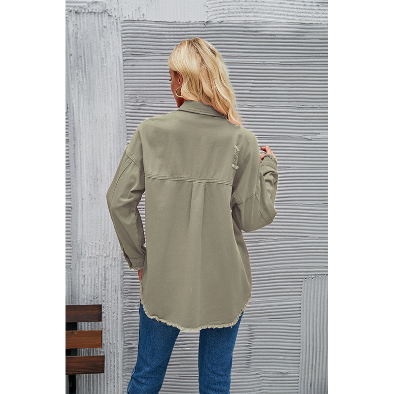 Green Spread Collar Denim Jacket