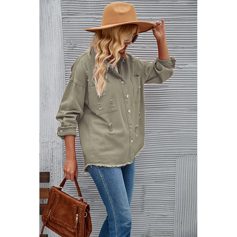 Green Spread Collar Denim Jacket