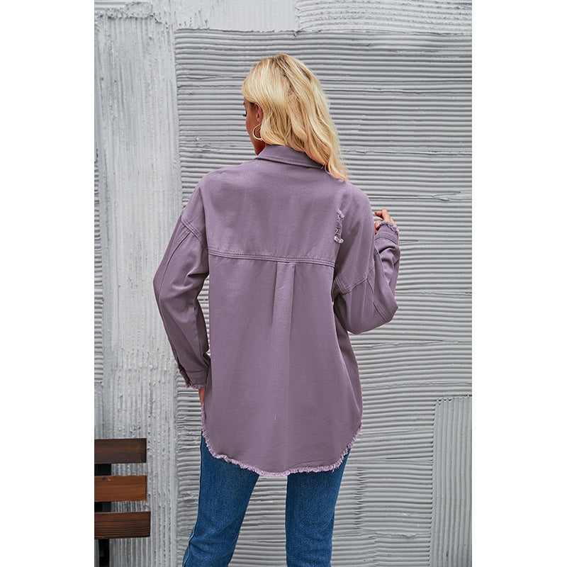 Purple Spread Collar Longline Casual Shacket