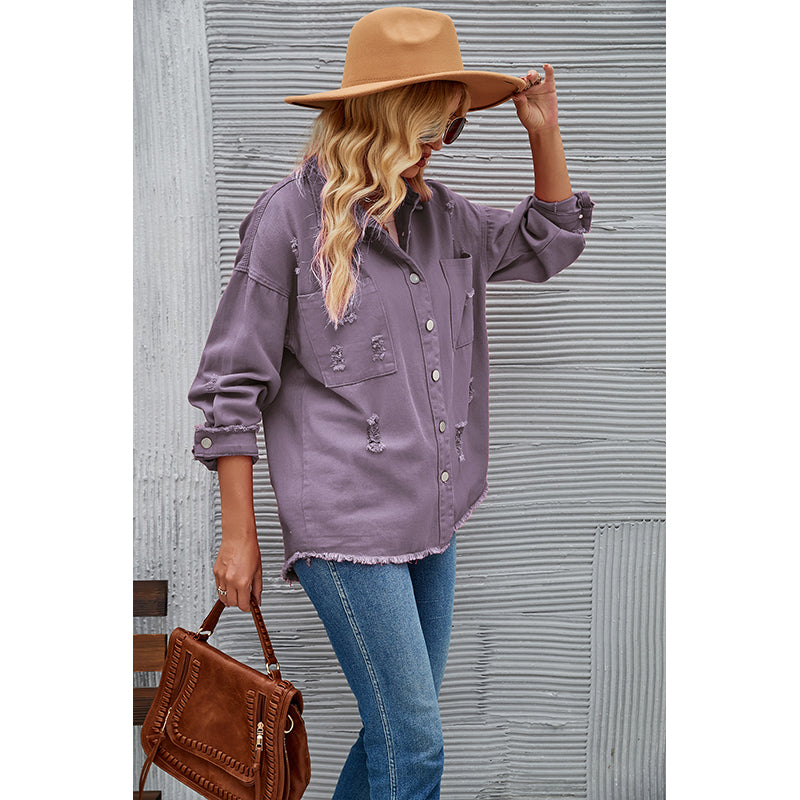 Purple Spread Collar Longline Casual Shacket