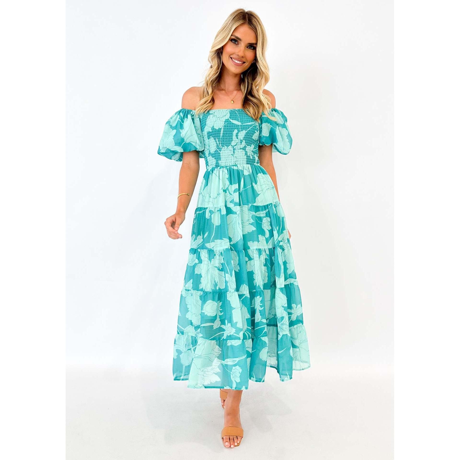 Floral Printed Off-Shoulder Chiffon Fit & Flare Midi Dress