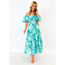 Floral Printed Off-Shoulder Chiffon Fit & Flare Midi Dress