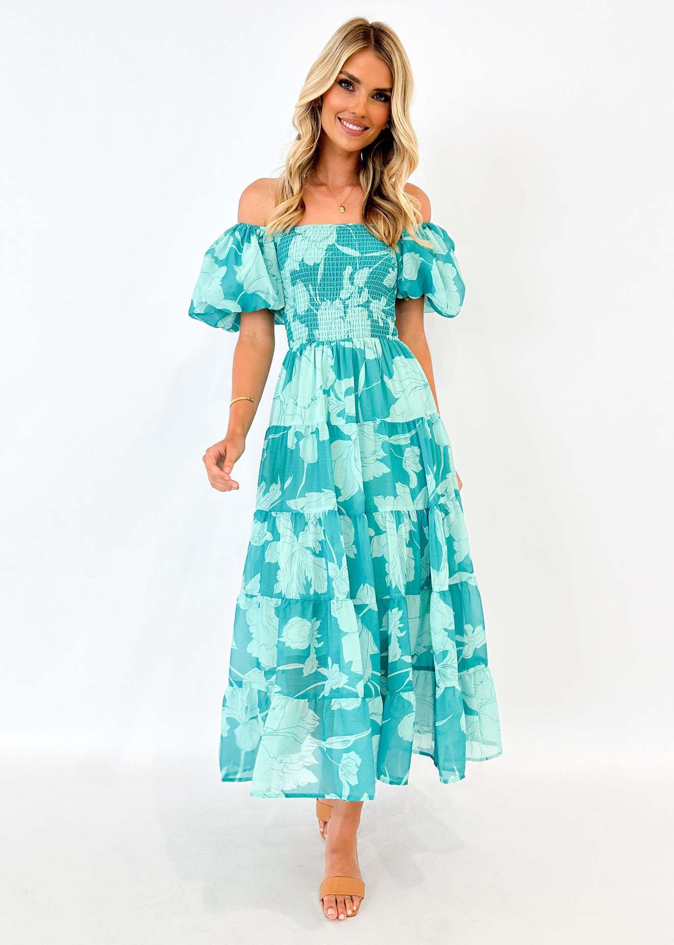 Floral Printed Off-Shoulder Chiffon Fit & Flare Midi Dress
