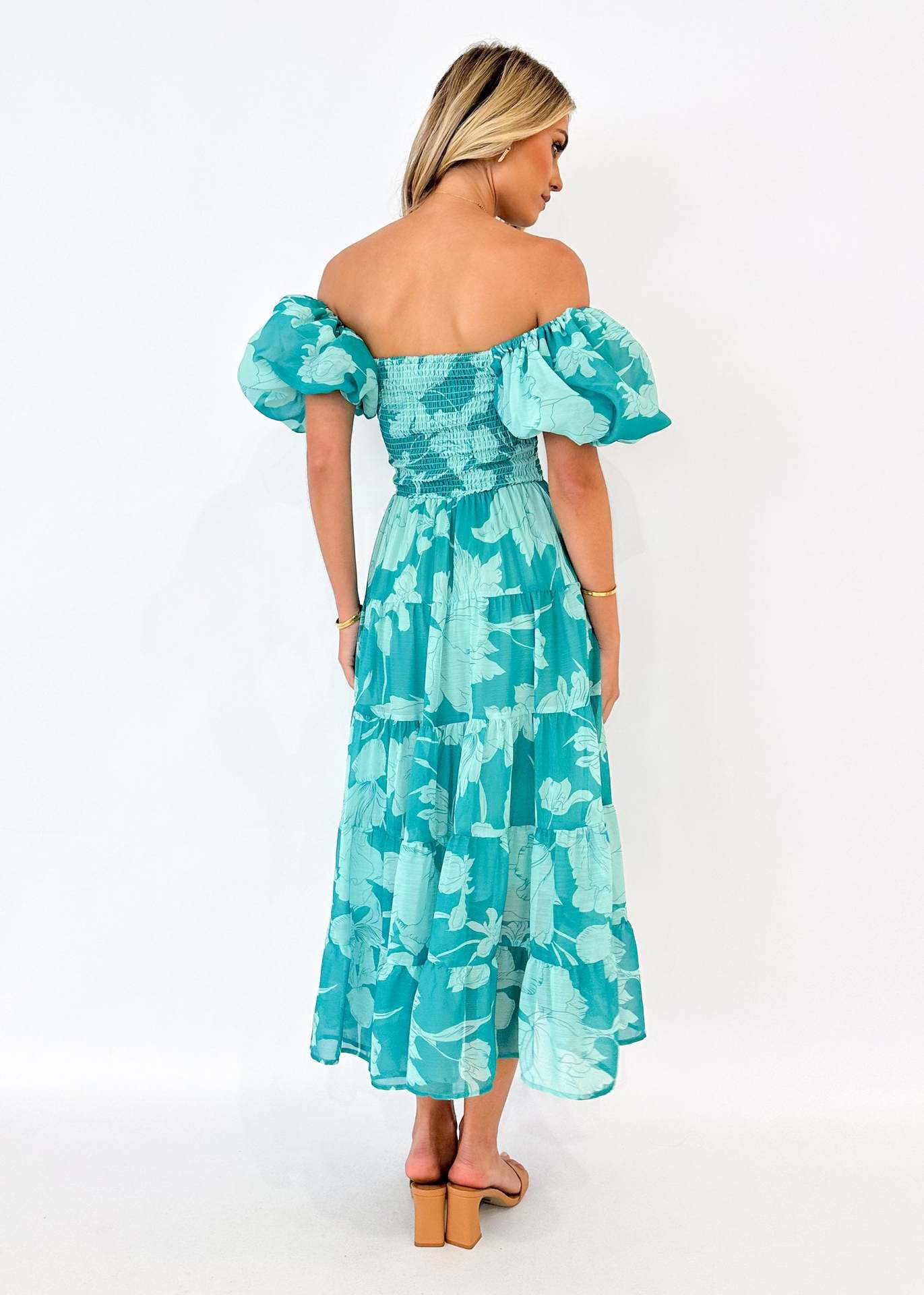 Floral Printed Off-Shoulder Chiffon Fit & Flare Midi Dress