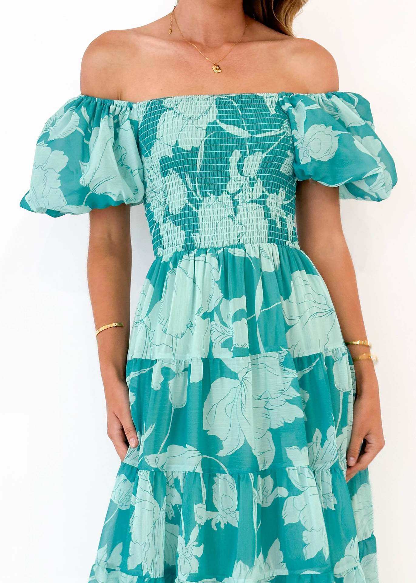 Floral Printed Off-Shoulder Chiffon Fit & Flare Midi Dress