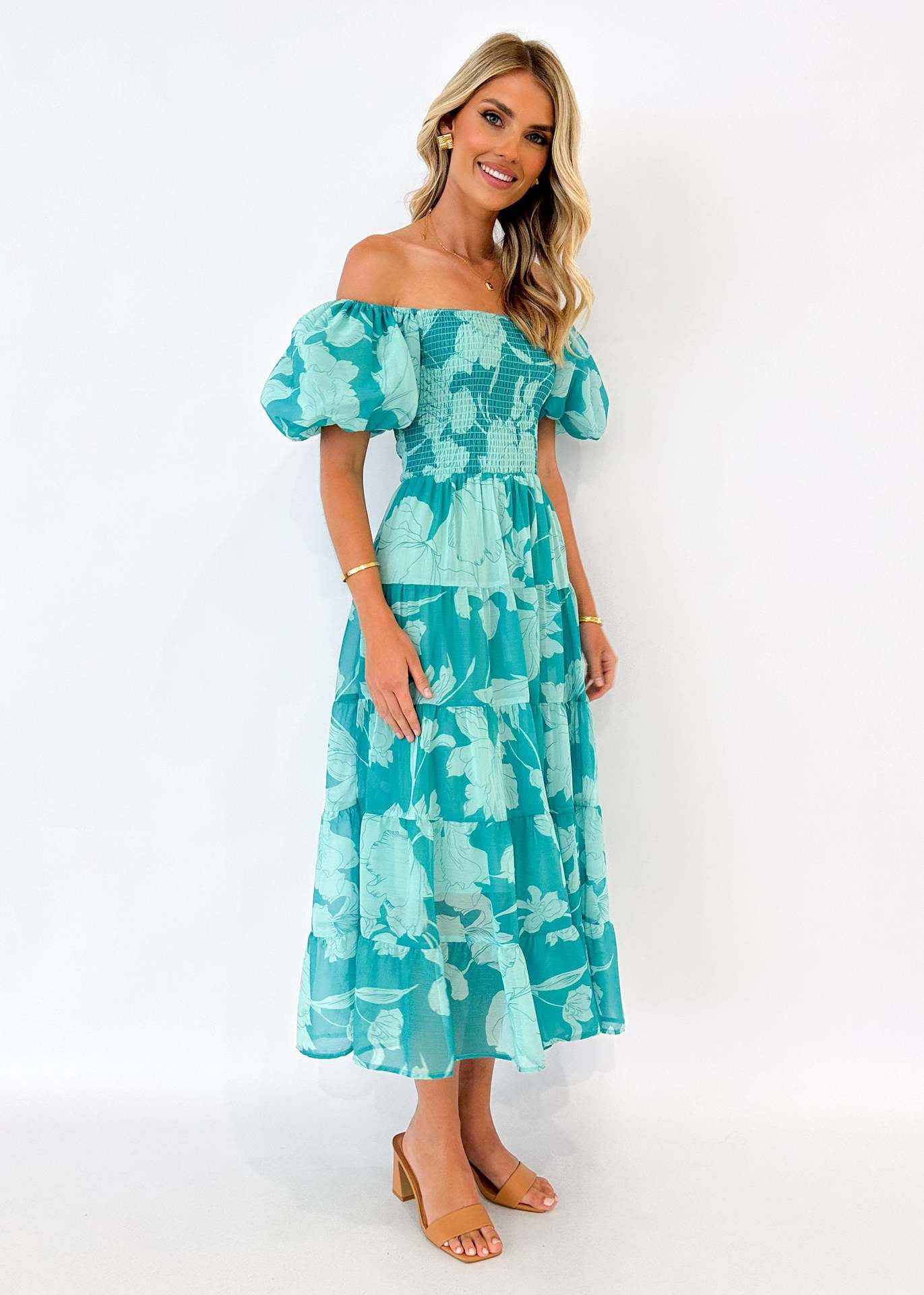 Floral Printed Off-Shoulder Chiffon Fit & Flare Midi Dress