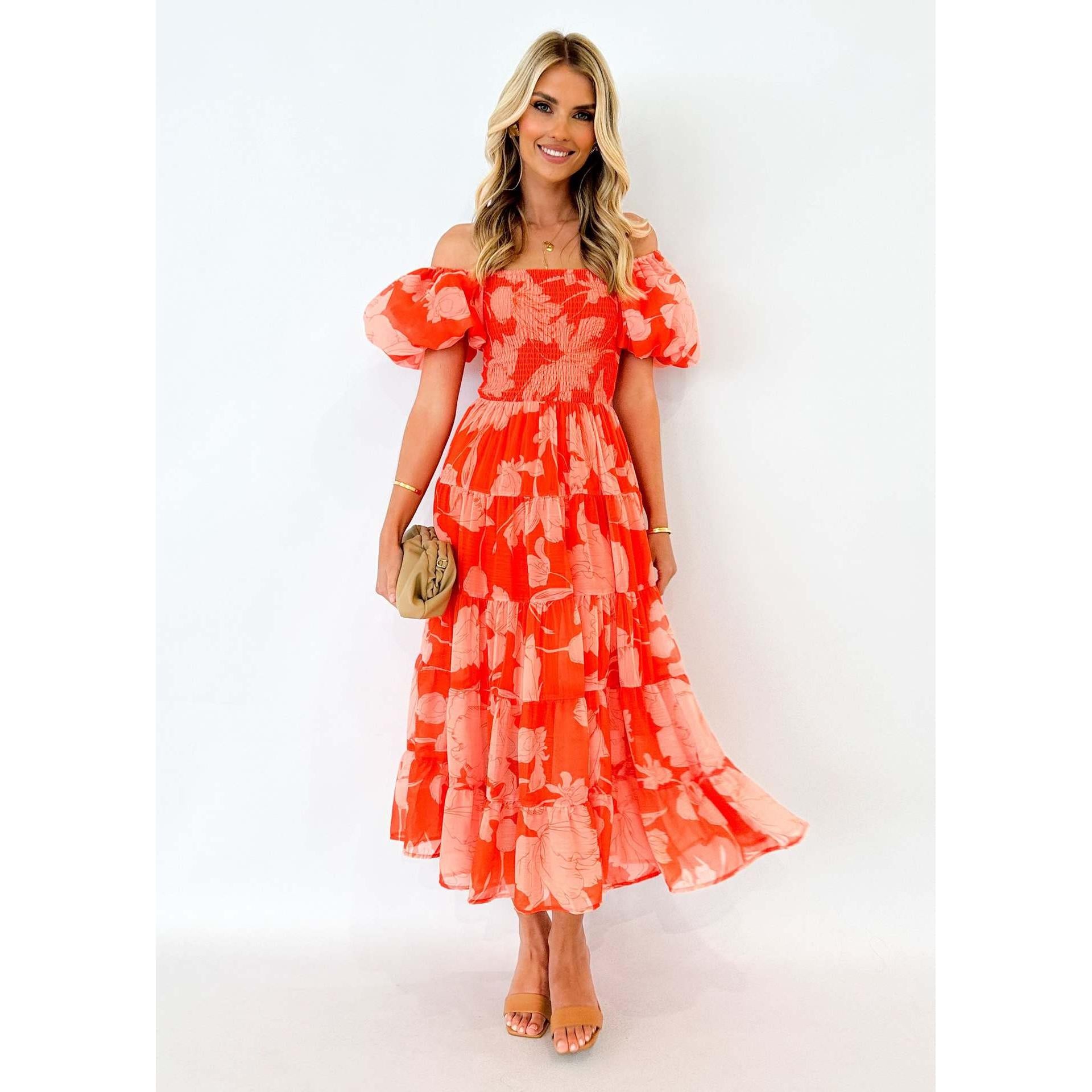 Floral Printed Fit and Flare Flared Sleeve Chiffon Midi Dress