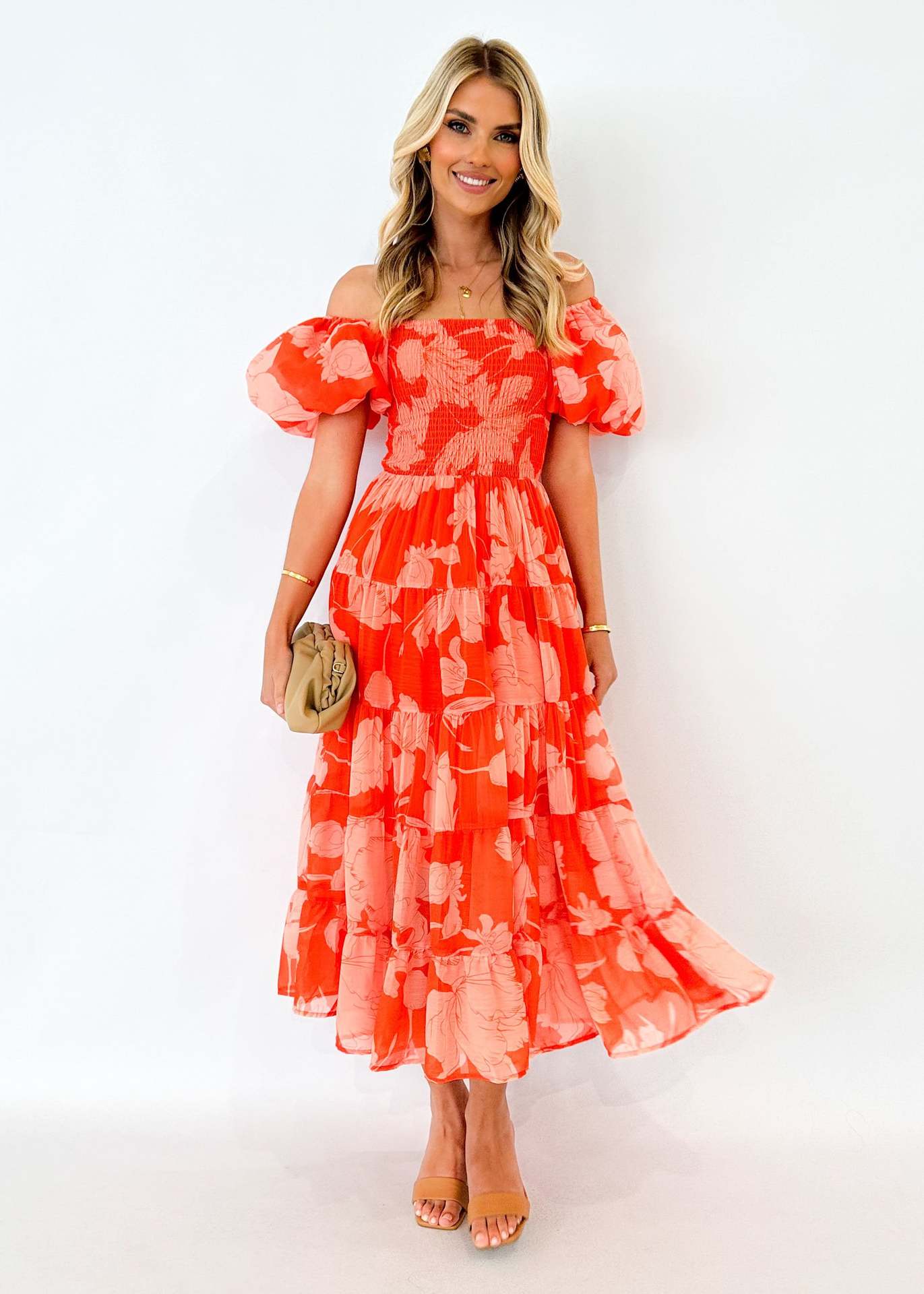 Floral Printed Fit and Flare Flared Sleeve Chiffon Midi Dress