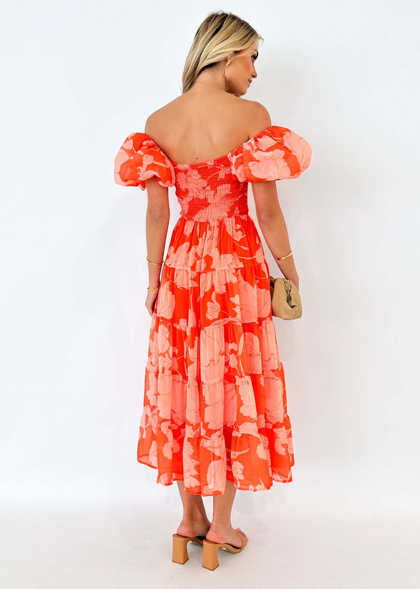 Floral Printed Fit and Flare Flared Sleeve Chiffon Midi Dress